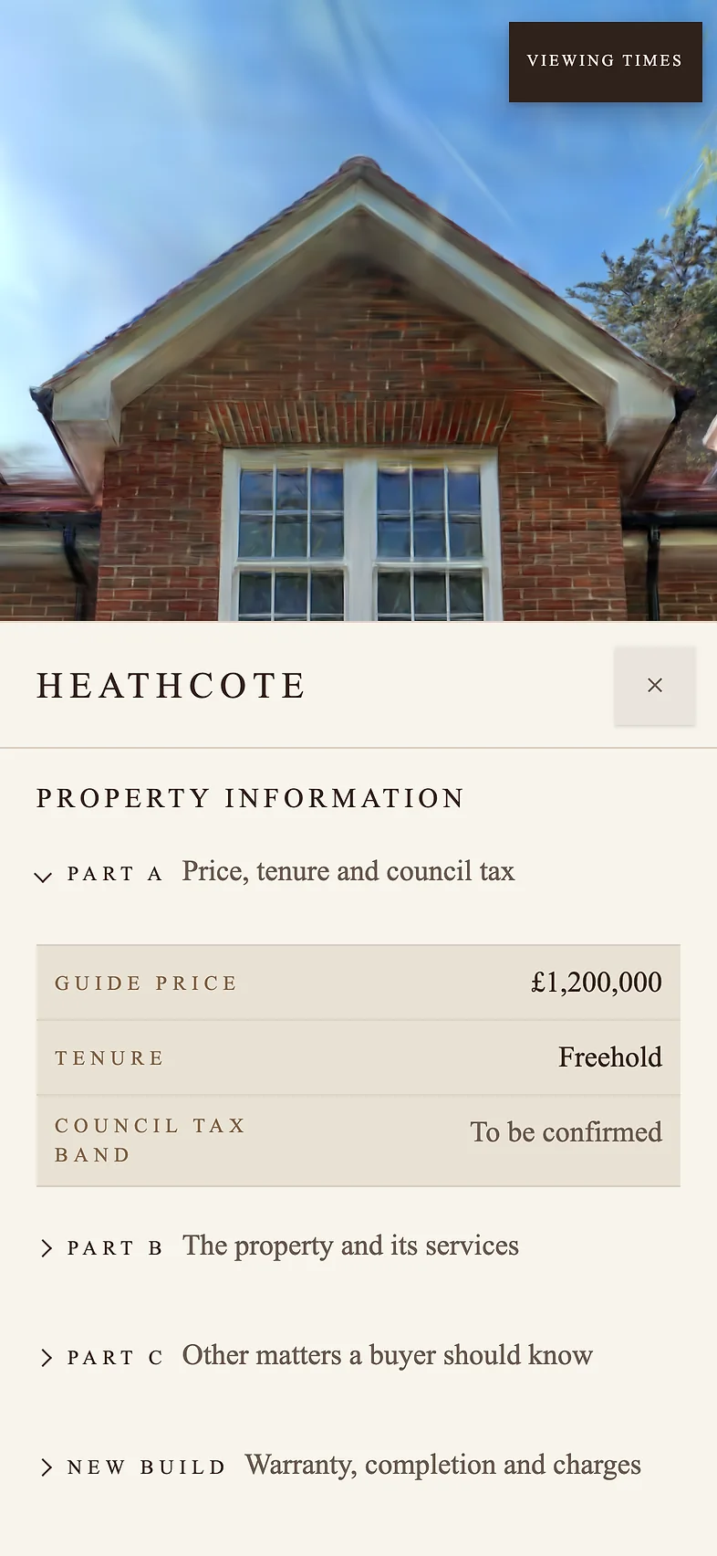 Heathcote's Details card open in the tour on a phone, on its Property information: price, tenure, council tax and the rest