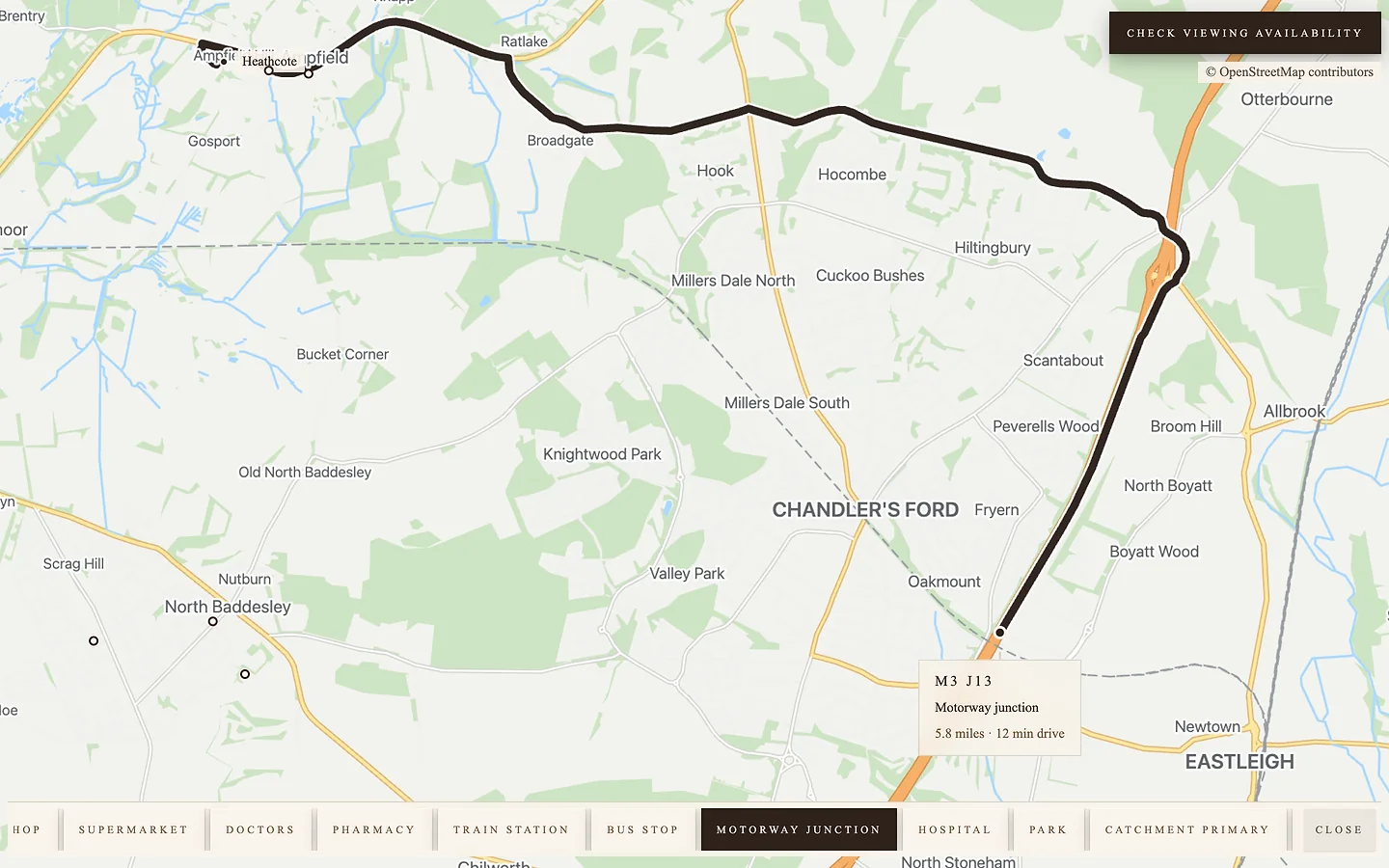 The local area map from Heathcote in the tour, with a route and its distance