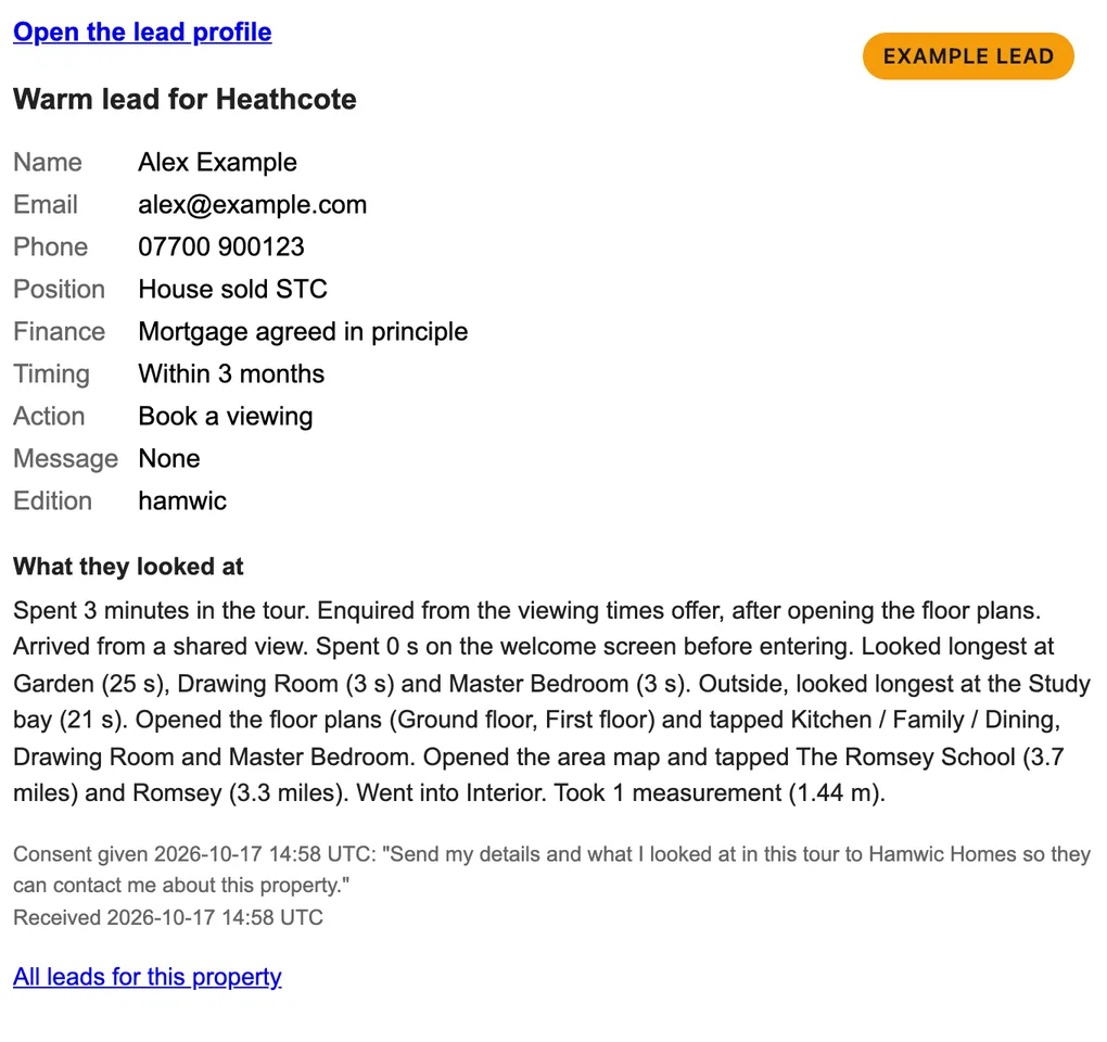 The agent's email for an example lead, opening with the link to the lead profile, then the buyer's details and a summary of their visit